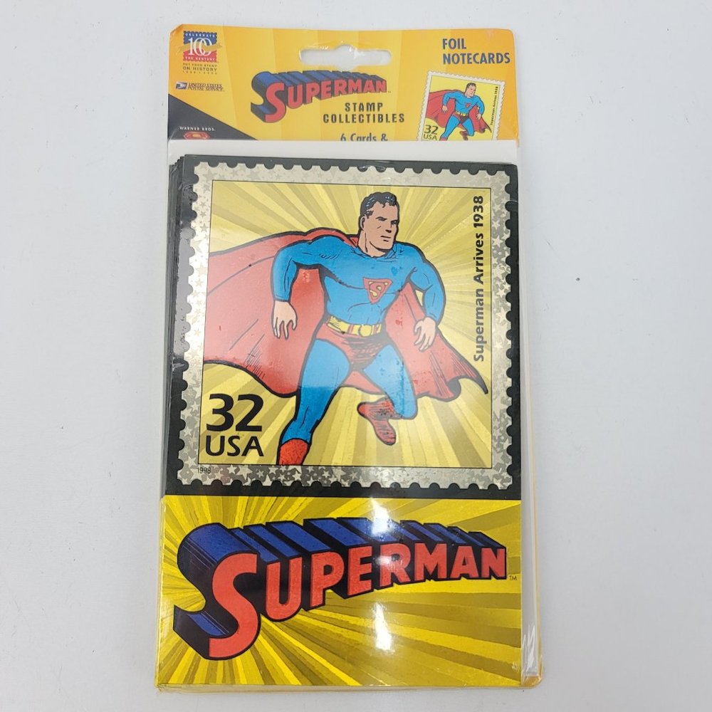 Vintage 1998 Superman Retro Stamp Collectibles 6 Foil Notecards USPS x DC Comics